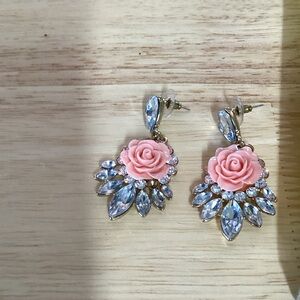 Elegant Pink Rose and Crystal Earrings